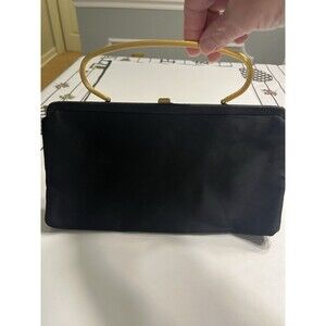 1950’s After Five Black Satin Gold Metal Handle Clutch Purse Handbag